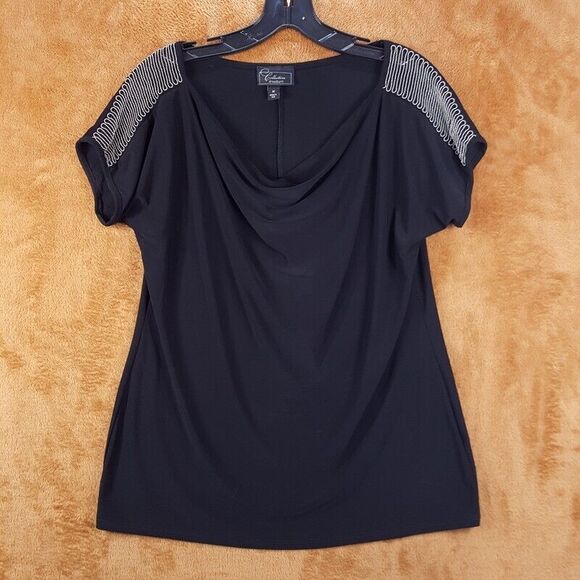 DRESSBARN Womens Top Medium Black Pullover Cowl Neck Beaded Shoulder Stretch - Picture 1 of 9